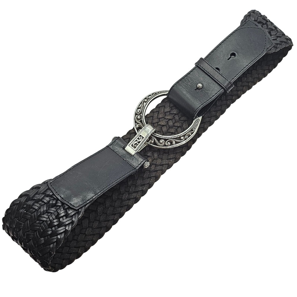 Brighton Braided Leather Belt Black Horseshoe Heart Buckle Womens ML 32